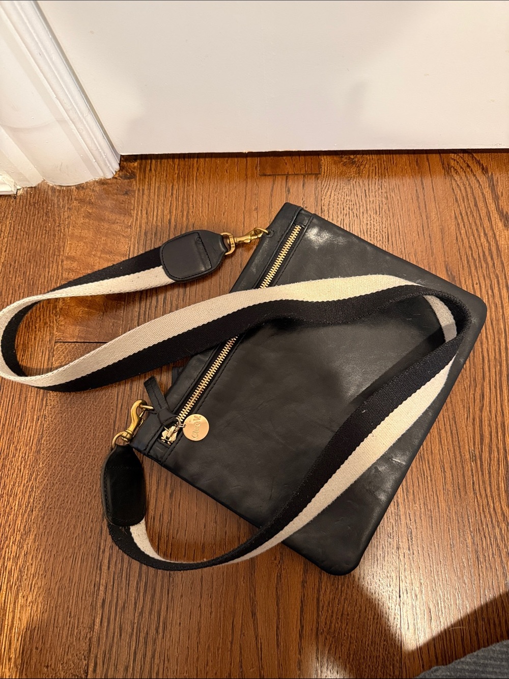 Clare V Black Leather Crossbody with Gold Hardware